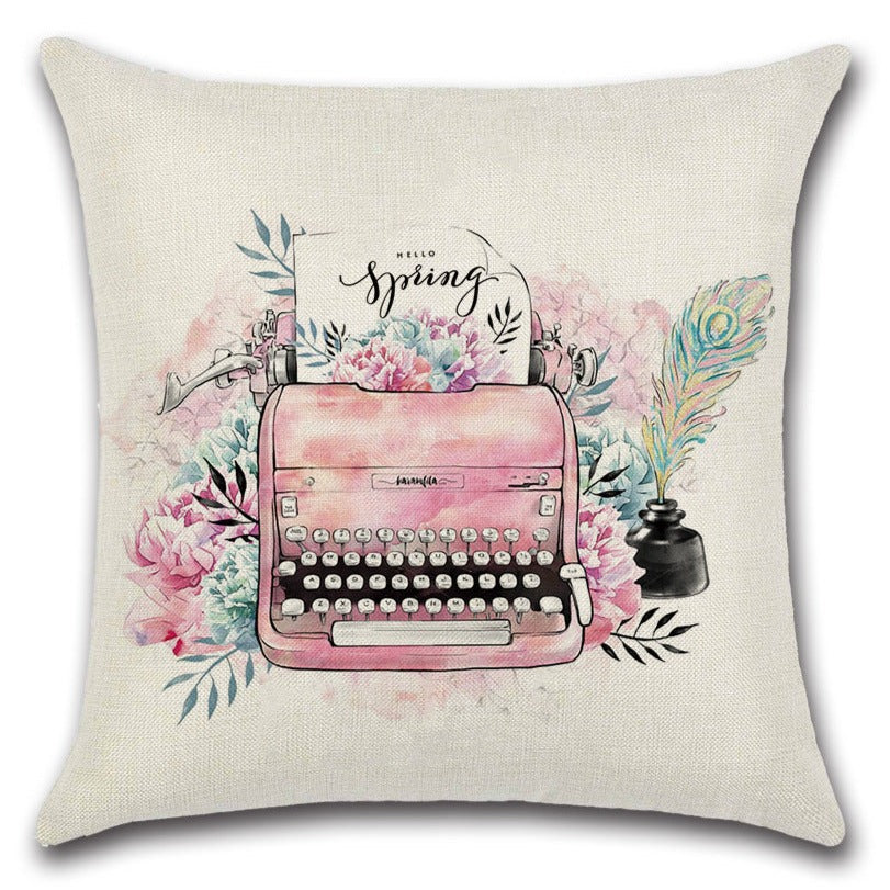 Typewriter Pink Rose Flowers Spring Throw Pillow Covers Set of 4