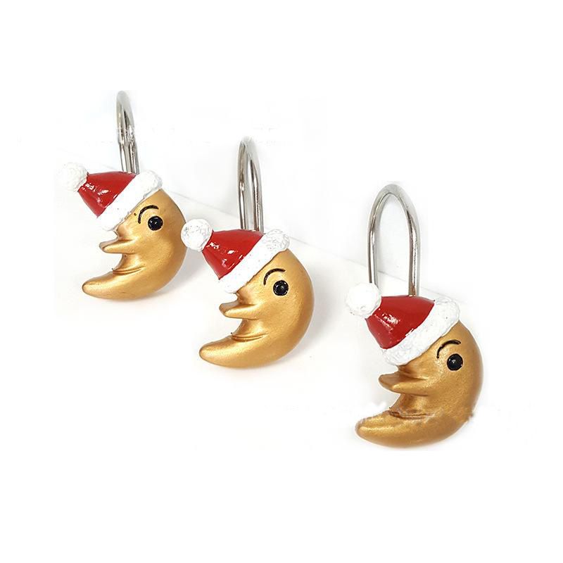12Pcs Christmas Santa Hat with Golden Star and Moon Shower Curtain Hooks Rings
