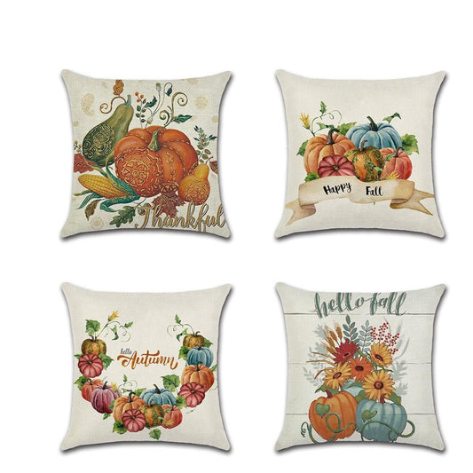Vintage Colorful Pumpkin Throw Pillow Cover Set Watercolor Fall Thanksgiving Harvest Holiday