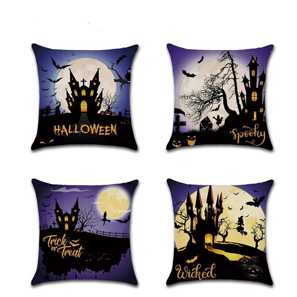 Halloween Castle Throw Pillow Cover Set Full Moon Horror Night