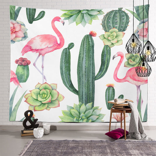 Flamingo with Cactus Tapestry Watercolor Tropical Plant Wall Hangings