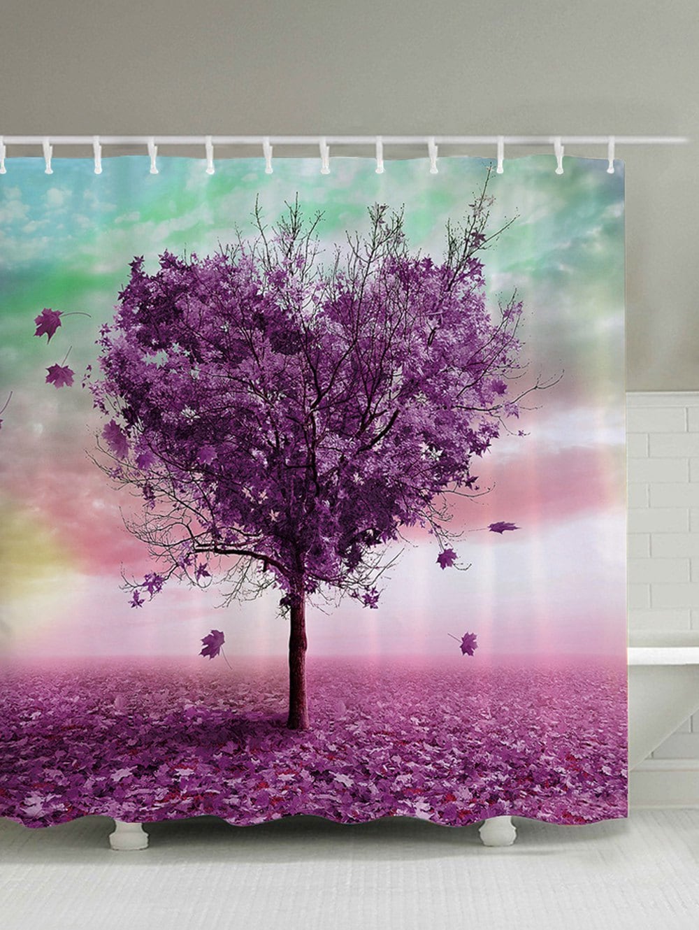 Purple Heart Shaped Tree Shower Curtain Autumn Bath Decor | GoJeek