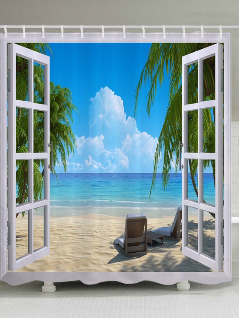 Nautical Beach Window Views Shower Curtain Blue Bath Decor | GoJeek