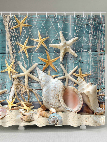 Starfish and Shell Shower Curtain Deck Coastal Bath Decor | GoJeek
