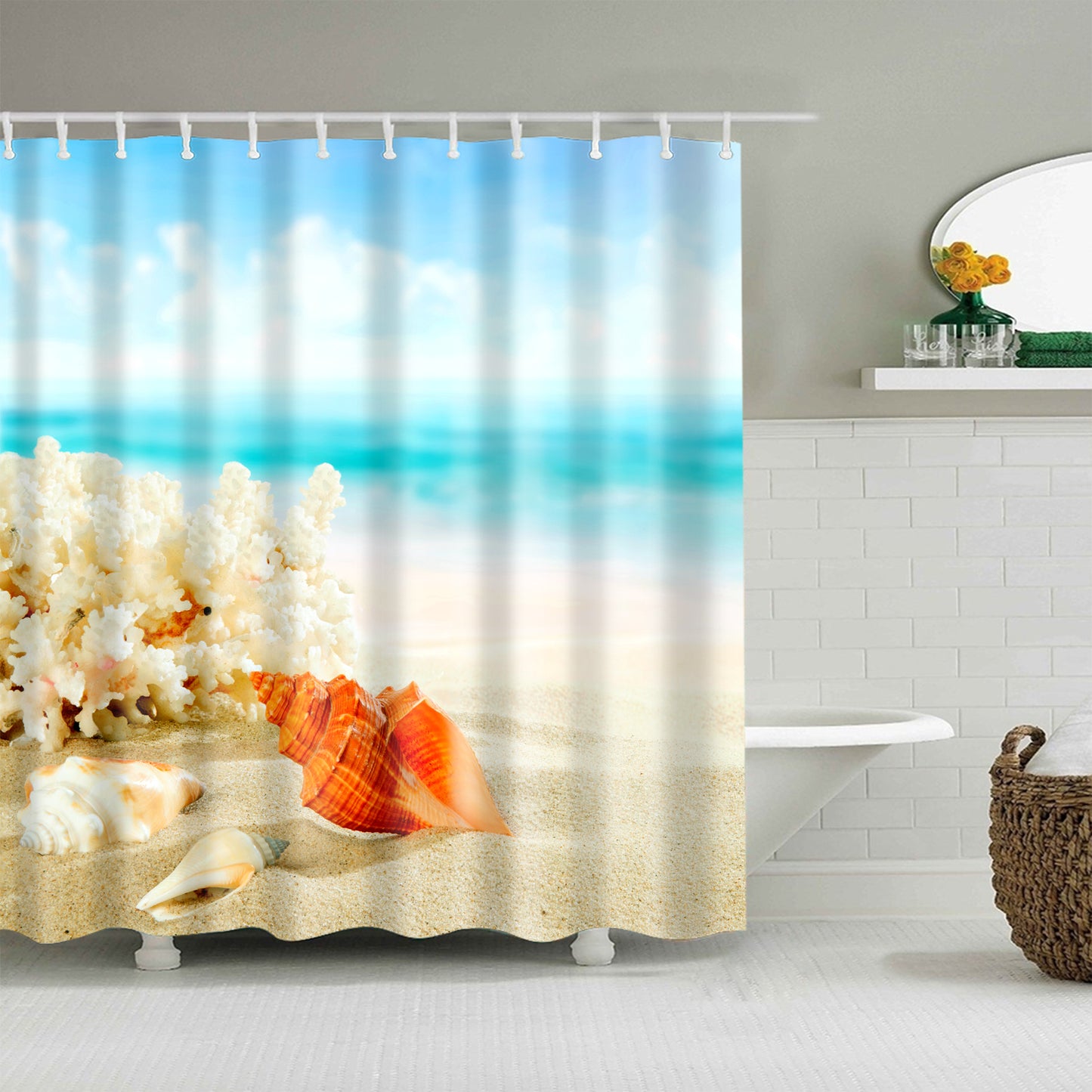 2019 Orange Conch Duschvorhang Summer Beach Sand Coral Mit Conch