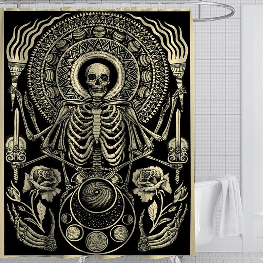 Meditation Skull with Rose Chakra Occult Skeleton Shwoer Curtain