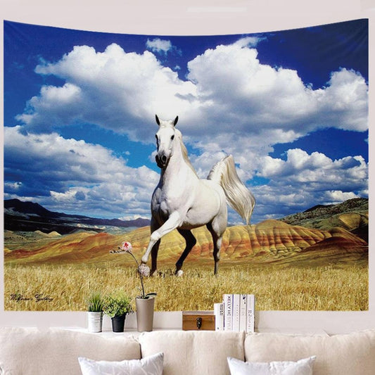 Blue Sky Clouds White Horse Running Tapestry