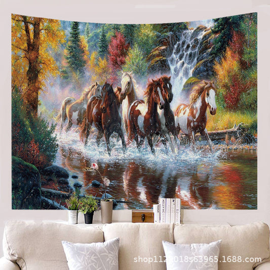 Autumn Forest Tree in Valley Horses Crossing River View Tapestry