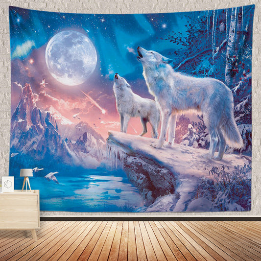 Wild White Wolf Tapestry Howling at Full Moon Night Wall Hangings