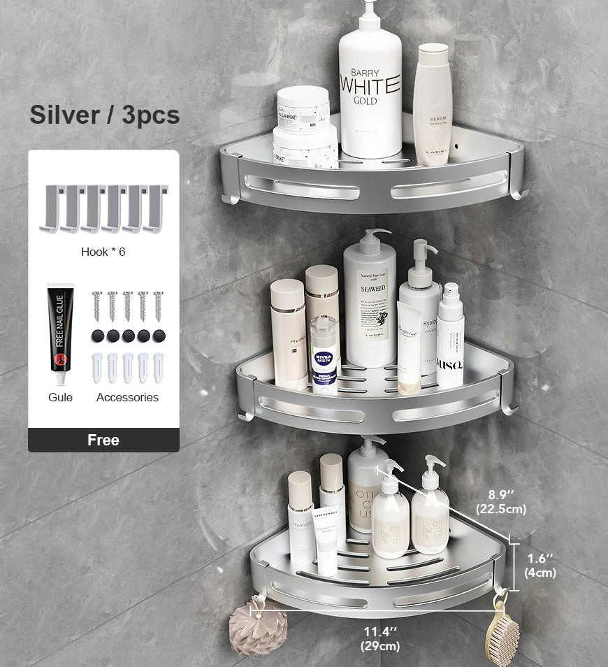 3 Pack - Silver - Stainless Steel Floating Corner Shower Caddy Shelf with Hooks