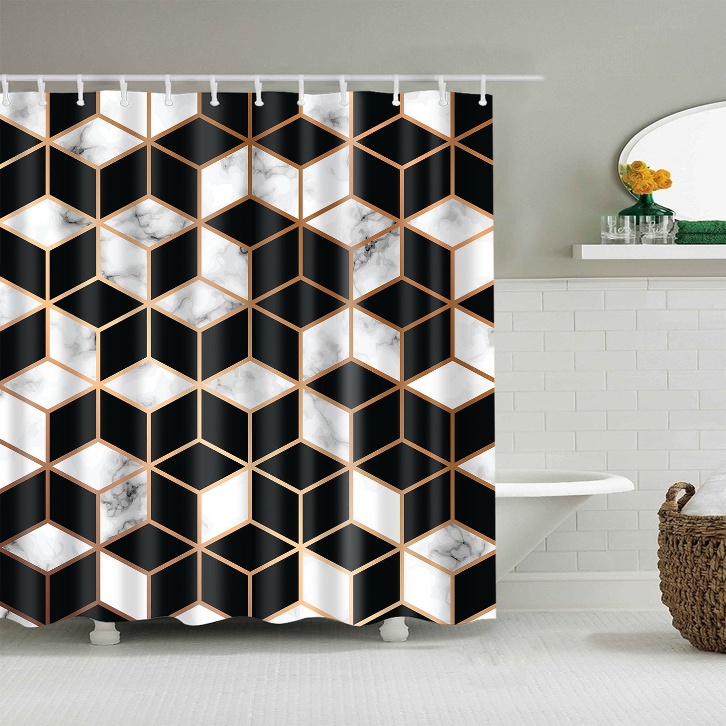 3D Cube Effect Black White Marbling Mosaic Tiles Shower Curtain