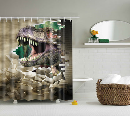 3D Dinosaur Destroy Wall Shower Curtain | GoJeek
