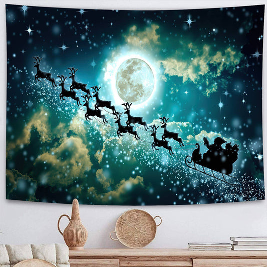 Full Moon Night Santa Riding on Reindeer Sleigh Tapestry