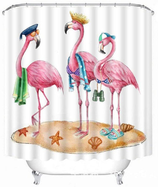 Summer Beach College Vacation Three Brids on Sand Girly Flamingo Shower Curtain
