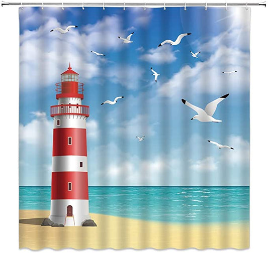 Red White Lighthouse with Seagull Shower Curtain