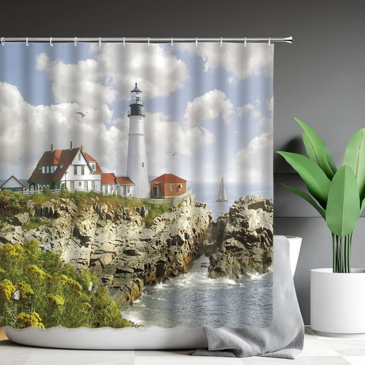 Coast Maine Portland Harbor Scenery Historic Lighthouse Shower Curtain