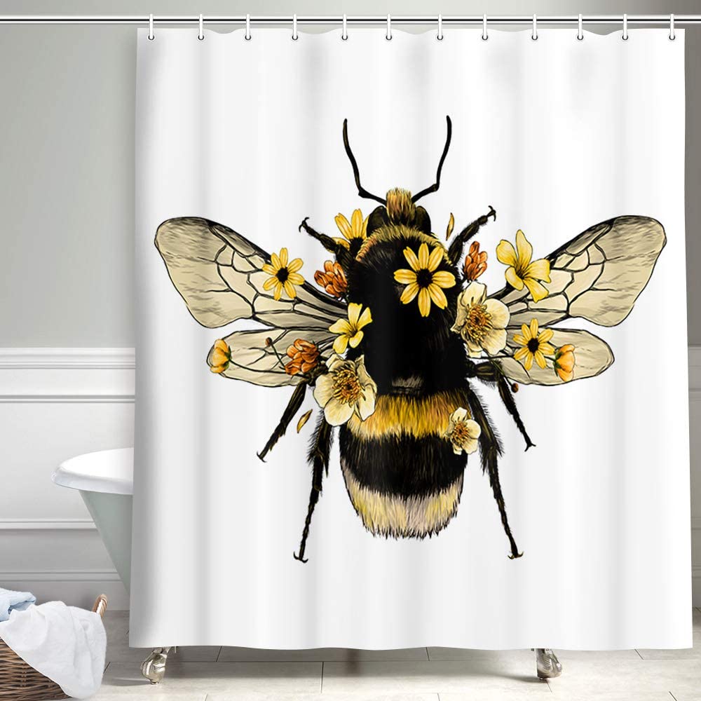 Yellow Daisy Fluffy Bumble Bee Shower Curtain
