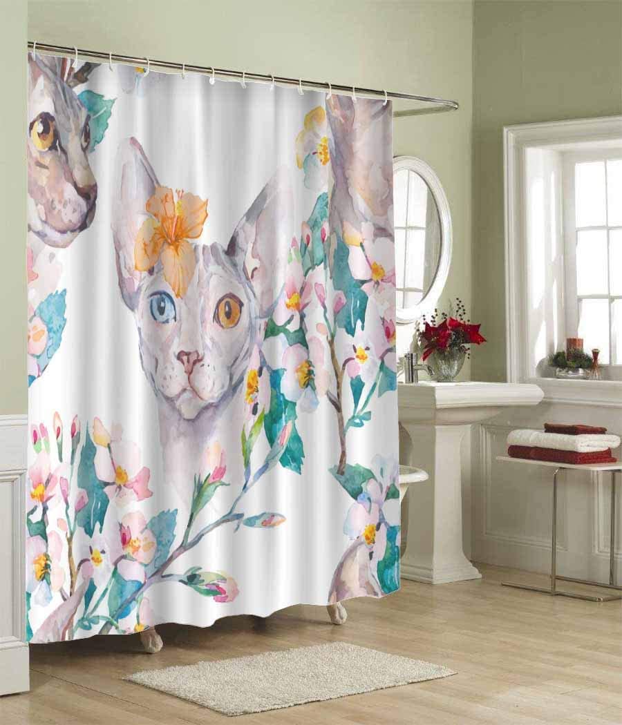 Watercolor Floral with Sphynx Cat Shower Curtain