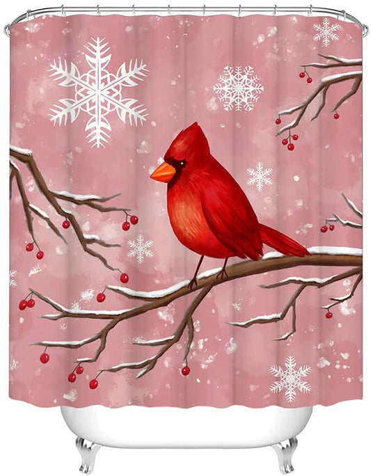 Red Cardinal Bird Shower Curtain Pink Winter Season White Snowflake 