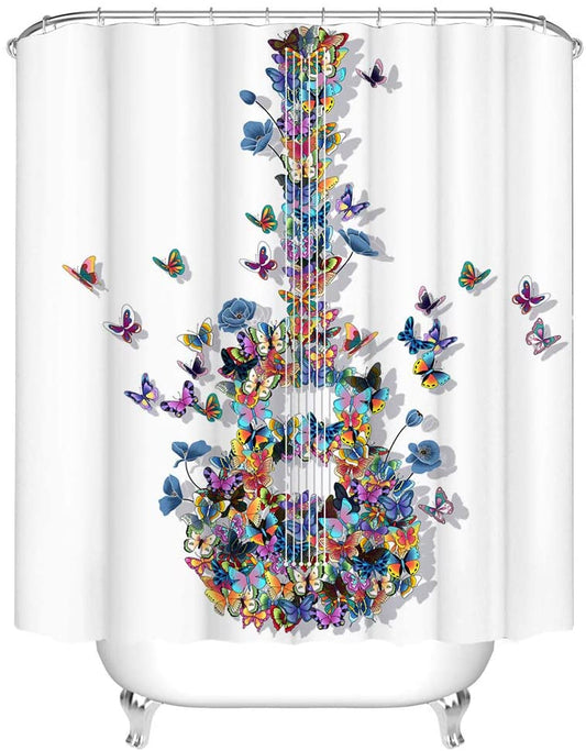 Colorful Butterfly Guitar Shower Curtain Musician Art Spring Style