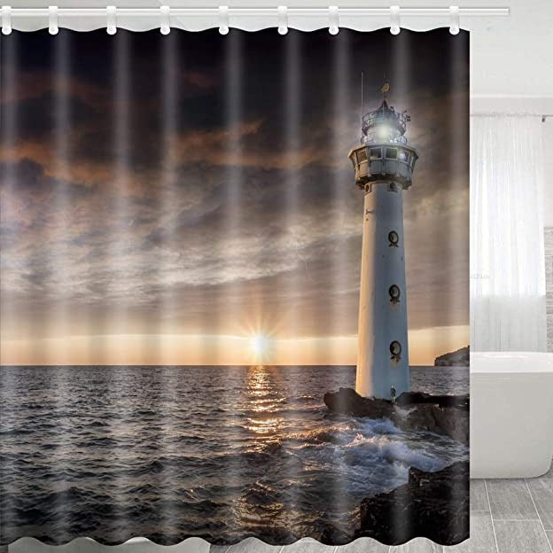 Lighting Lighthouse at Coast with Sunset Shower Curtain