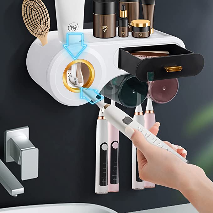 2 Cups Wall Mounted Toothbrush Holder with Squeezer and Drawer