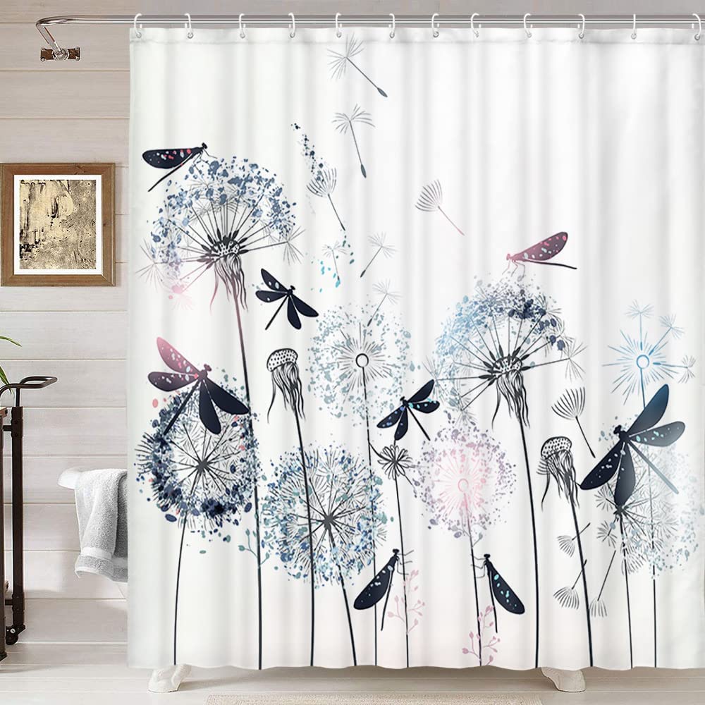 Teal Blue Dandelions and Dragonflies Shower Curtain