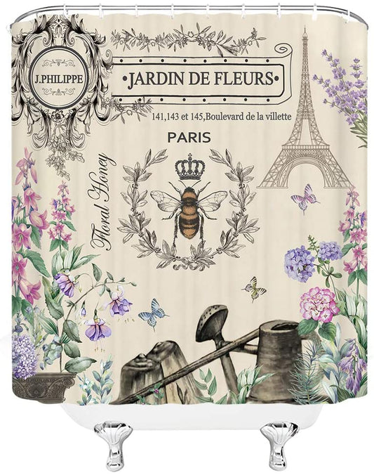 Spring Paris Garden Floral with Queen Bee Vintage Country French Shower Curtains