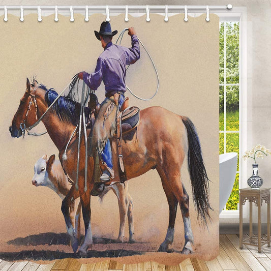 Vintage Cowboy Shower Curtain Rope Cattles Primitive Western