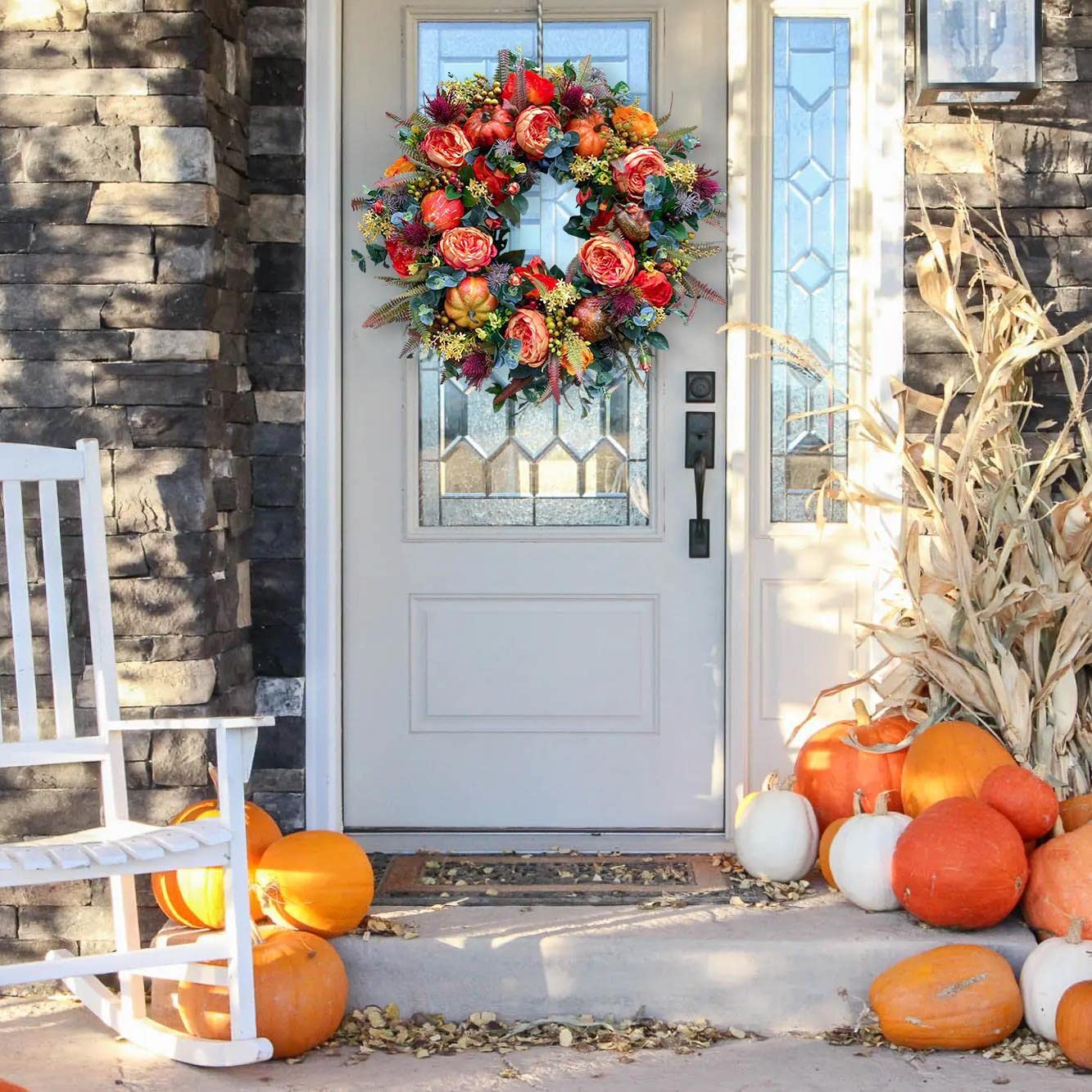 Fall Season Peony with Pumpkin Floral Wreath