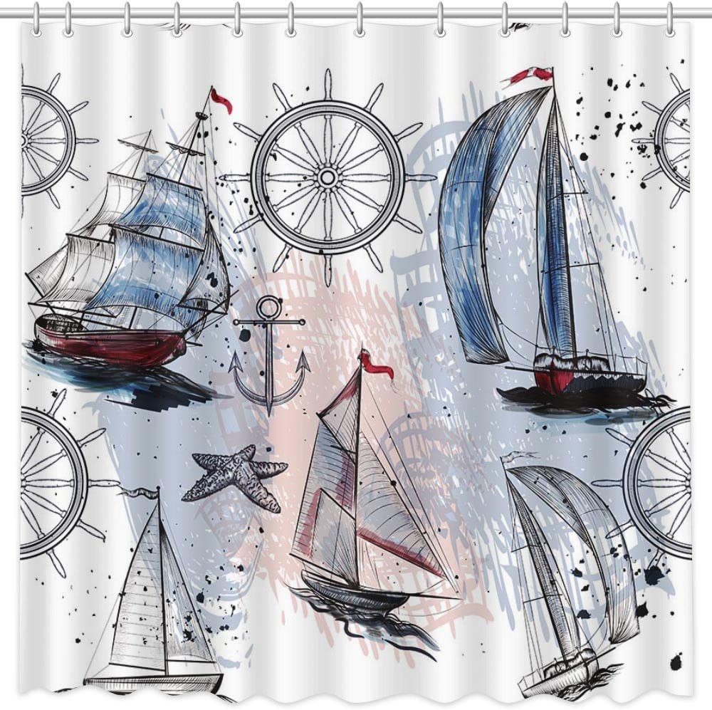 Seamless Nautical Sailboat Anchor and Helm Shower Curtain
