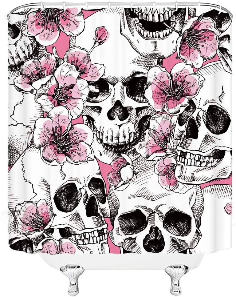Pink Cherry Flower Skull Shower Curtain