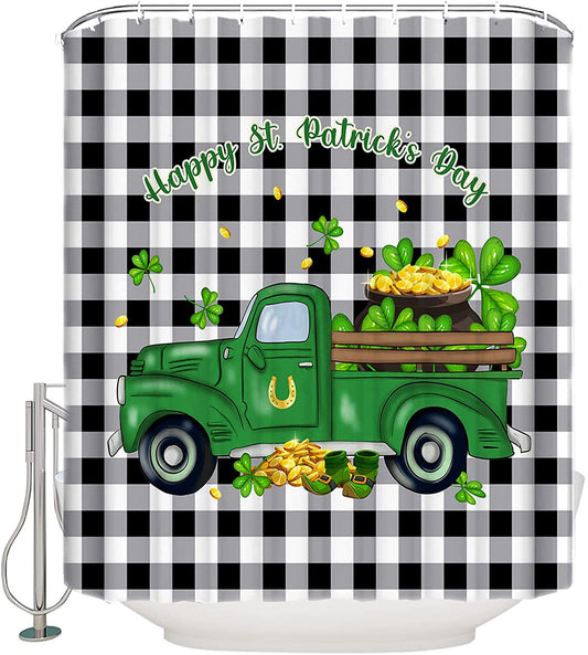 Black White Grey Buffalo Plaid Green Truck Happy St Patrick's Day Shower Curtain