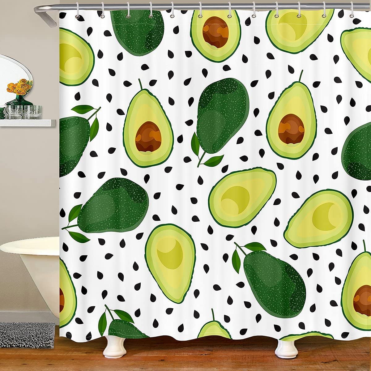 Seamless Black Green Fruit Cute Avocado Shower Curtain