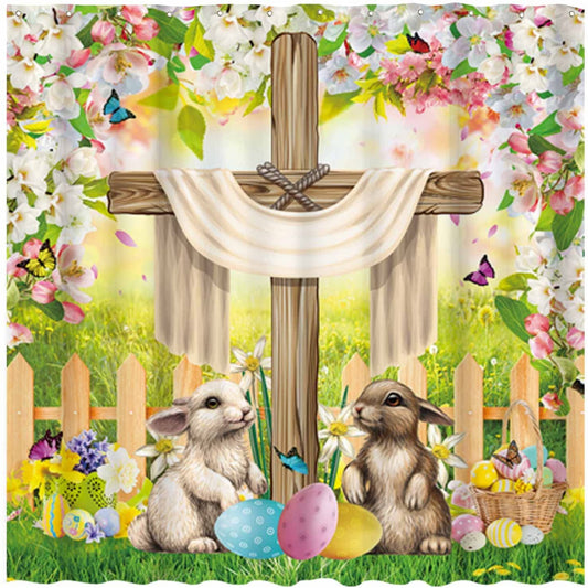 Risen The Cross on Spring Butterfly with Floral Easter Bunny Shower Curtain