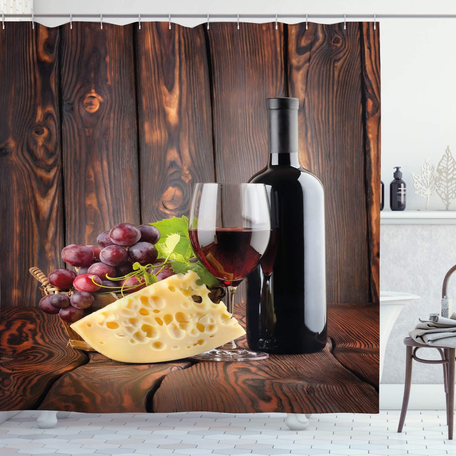 Cheese and Grapes on Wood Planks Wine Bottle Shower Curtain