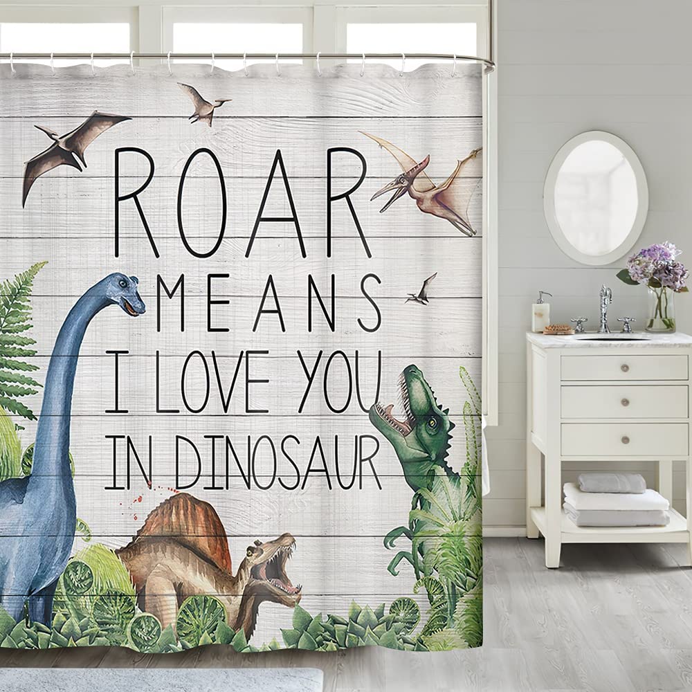 Barn Door Quote with Jurrasic Jungle Dinosaur Shower Curtain