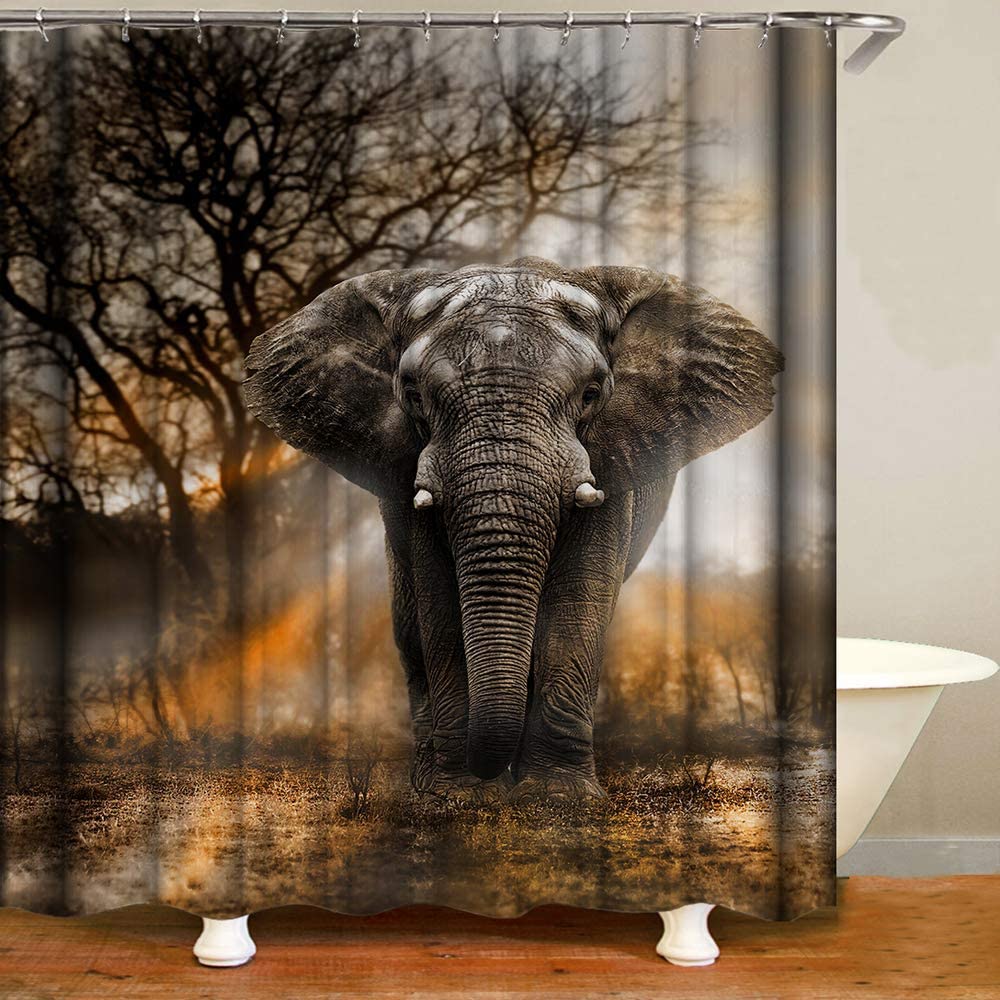 African Autumn Scenic Sunset Trees with Large Animals Grey Elephant Shower Curtain