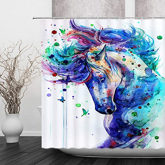 Teal Watercolor Horse Shower Curtain Beautiful Animal Painting