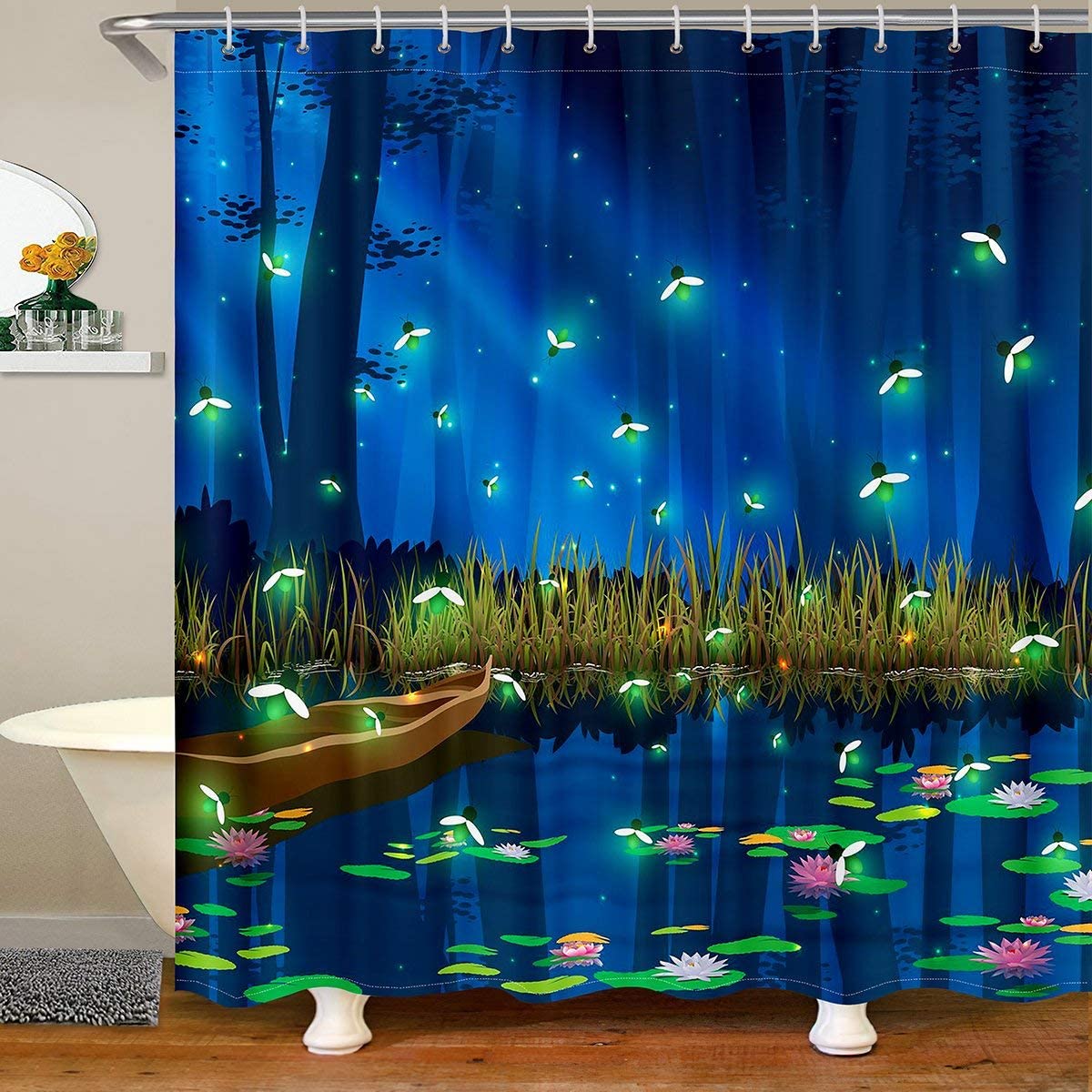 Firefly Shower Curtain, Lotus Lake, Forest Night, Fantasy Bathroom ...