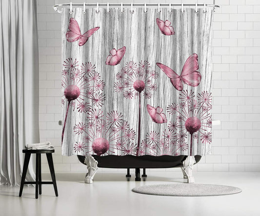 Pink Butterfly Shower Curtain with Dandelion on Barn Door Backdrop