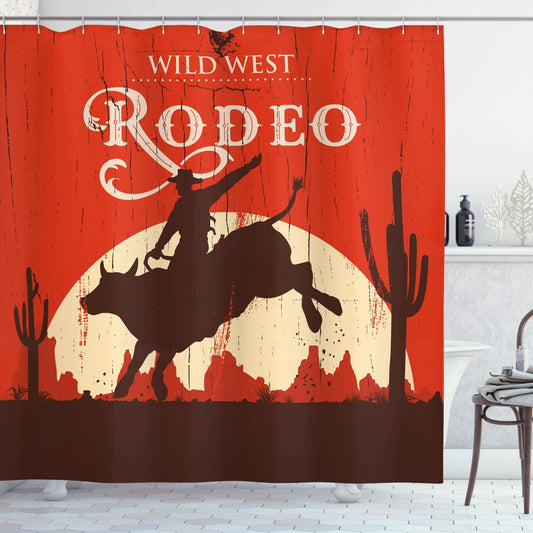 Old Western Cowboy Wilderness Red Sunset Rodeo Shower Curtain | Rodeo Shower Curtain Old Western Cowboy Wilderness Red Sunset Riding Bull Bathroom Decor
