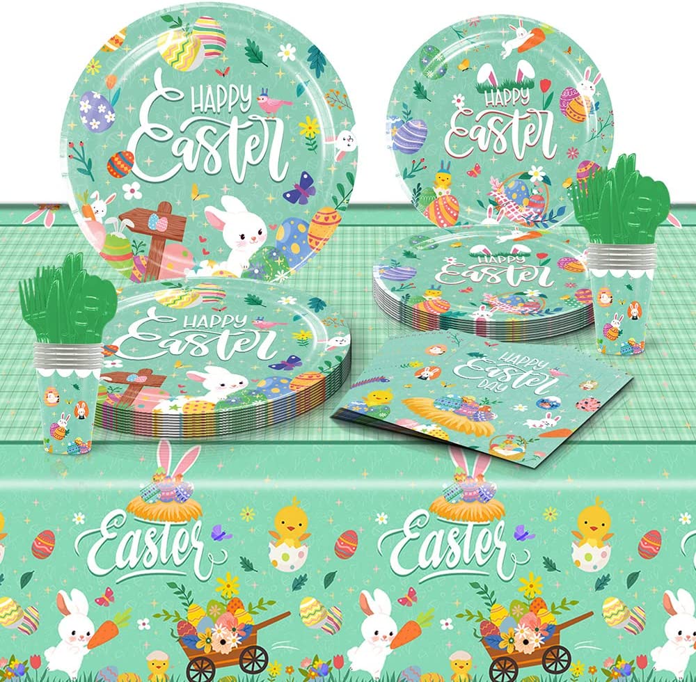 Green Easter Paper Plates and Napkins - 24Pcs Disposable Tableware Set