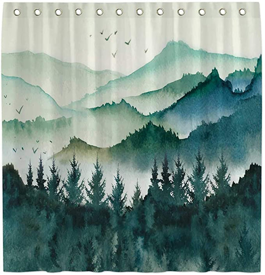 Misty Green Mountain Forest Landscape Shower Curtain