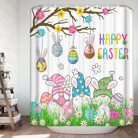 Bunny Shape Eggs on Tree Cartoon Easter Gnome Shower Curtain
