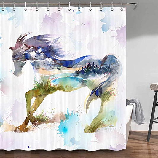 Watercolor Blue Horse Shower Curtain Ink Painting Mountain
