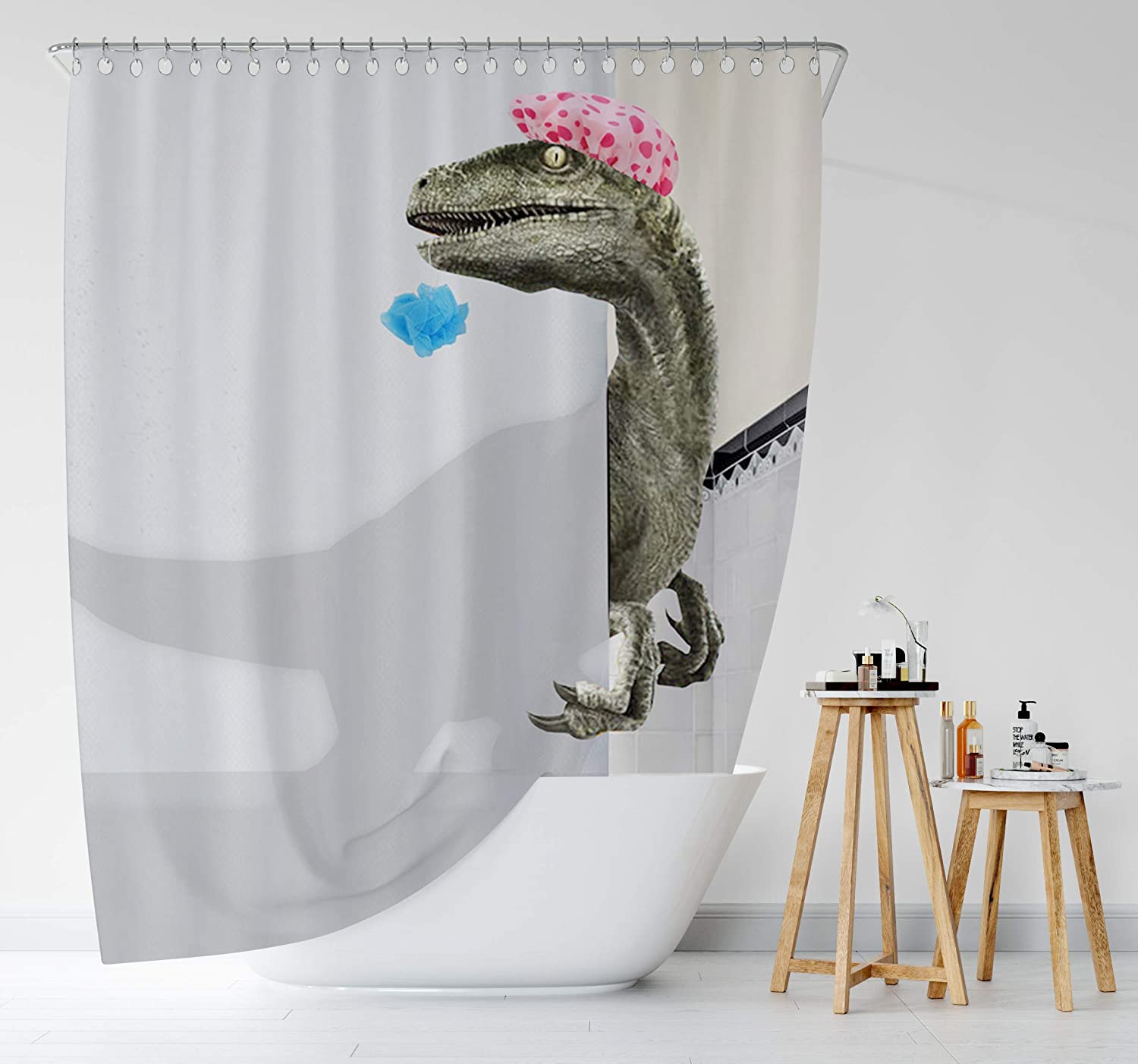 Velociraptor Shower Curtain Funny Dinosaur Bathing with Pink Shower Cap 