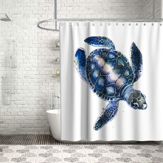 Blue Shell Sea Turtle Shower Curtain Watercolor Aged Sea Life 