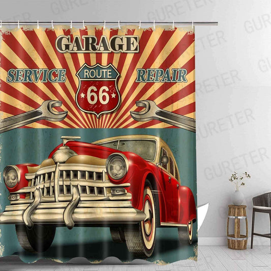 Garage Route 66 Vintage Style Antique Car Shower Curtain