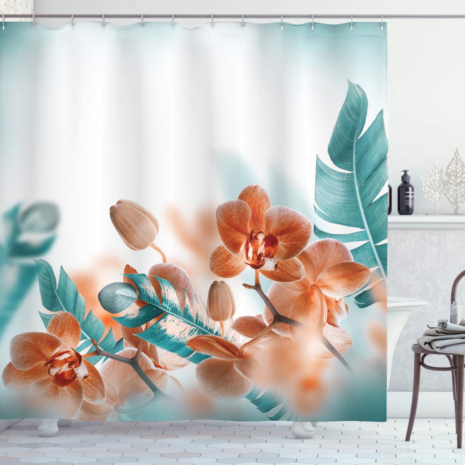 Tropical Leave Orange Orchid Shower Curtain
